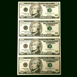 2003 Us $10 Ten Dollar Uncut Sheet Of 4 Federal Reserve Star Notes Hst101172