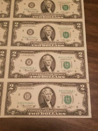 1976 2 Dollar Bill Sheet Low Serial Star Note Uncut 16 Bills Series A