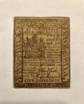 1777 Delaware Five Shillings Colonial Currency John Clarke And Richard Lockwood