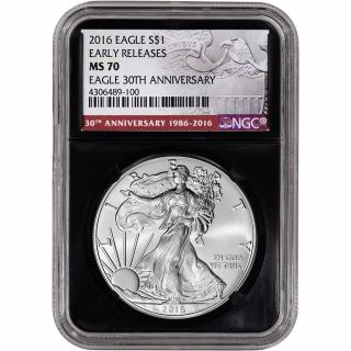 2016 American Silver Eagle - Ngc Ms70 - Early Releases - 30th - Black Retro