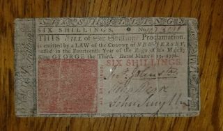March 25,  1776 Jersey Colonial Currency Six Shillings Note
