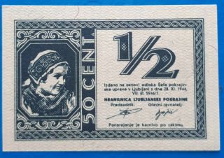 Yugoslavia,  Slovenia,  Province Of Ljubljana City Money,  1/2 Lire 1944,  Wwii,  Unc