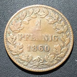 Old Foreign World Coin: 1860 German States NASSAU 1 Pfennig 2
