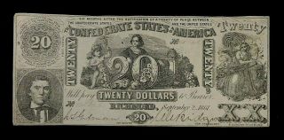 Authentic Uncirculated Confederate Twenty Dollar Bill Dated Sept 2 1861