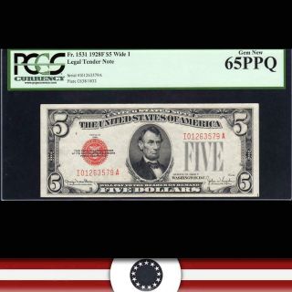 1928 - F $5 Legal Tender Note Red Seal Pcgs 65 Ppq Fr 1531 Wide I I01263579a