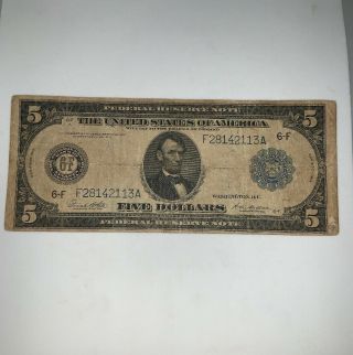 1914 $5 Federal Reserve Note Atlanta Fr 867 Large Currency (f28142113a)