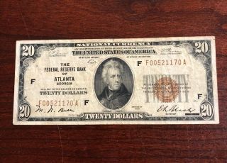 1929 $20 National Bank Note - Federal Reserve Bank Of Atlanta Georgia