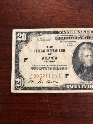 1929 $20 National Bank Note - Federal Reserve Bank Of Atlanta Georgia 2