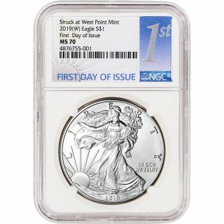 2019 - (w) American Silver Eagle - Ngc Ms70 - First Day Of Issue - 1st Label