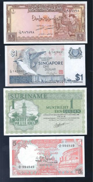Singapore,  Suriname,  Syria & Ceylon,  4 Notes,  All Crisp Unc