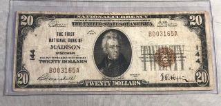 1929 The First National Bank Of Madison Wisconson 20 Dollar Bill