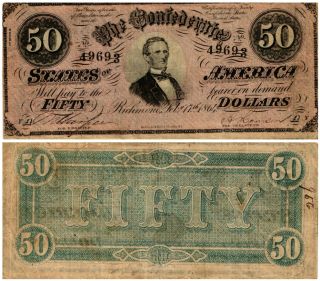 1864 $50 U.  S.  Civil War Confederate Currency Note Jefferson Davis T - 66 Circ