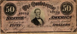 1864 $50 U.  S.  Civil War Confederate Currency Note JEFFERSON DAVIS T - 66 CIRC 2