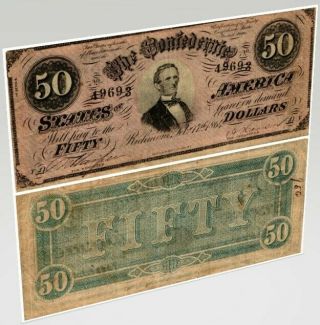 1864 $50 U.  S.  Civil War Confederate Currency Note JEFFERSON DAVIS T - 66 CIRC 4