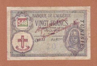 Banque De Algeria And Tunisia Military 20 Francs 1942 P - R1 Vg 1st Army