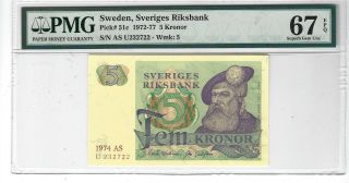P - 51c 1974 5 Kronor,  Sweden,  Sveriges Riksbank,  Pmg 67epq Gem