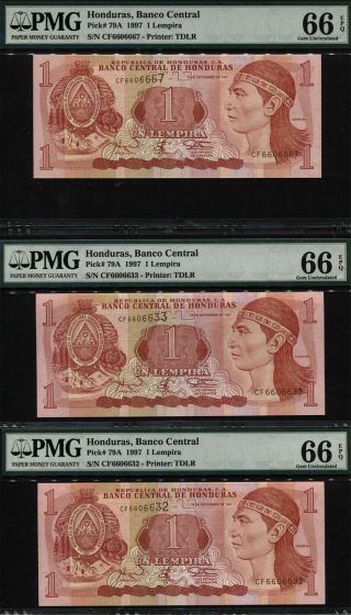 Tt Pk 79a 1997 Honduras Banco Central 1 Lempira " Lempira " Pmg 66q Gem Set Of 3
