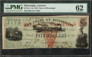 1862 $5 State Of Mississippi,  Jackson Banknote Pmg 62 Uncirculated