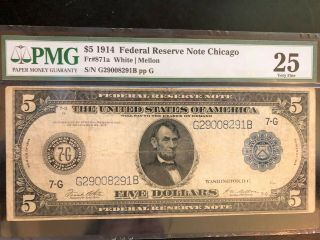 Large 1914 $5 Dollar Federal Reserve Note Fr 871a Pmg 25 Very Fine