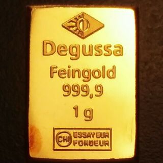 Degussa.  999 Fine Gold Bar.  Bu 1 Gram 24k German Ingot/medal/coin/charm/exonumia