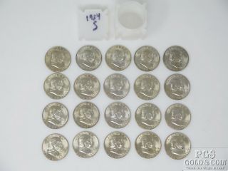 Bu Roll Of 20 1954 - S Franklin Half Dollars.  50c Silver Coins 15578