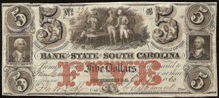 1860 $5 Dollar Bill South Carolina Bank Note Large Currency Old Paper Money Vf