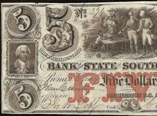 1860 $5 DOLLAR BILL SOUTH CAROLINA BANK NOTE LARGE CURRENCY OLD PAPER MONEY VF 4