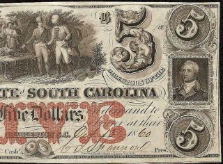 1860 $5 DOLLAR BILL SOUTH CAROLINA BANK NOTE LARGE CURRENCY OLD PAPER MONEY VF 5