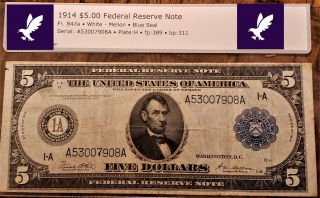 1914 $5 Five Dollar Federal Reserve Note Fr - 847a White Mellon Blue Seal Plate H