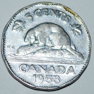 Canada 1953 5 Cents Nsf Far Five Cents Canadian Nickel No Shoulder Fold Far