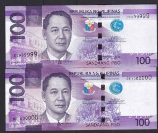 Philippines 100 Peso Ngc Solid Serial Sn 999999,  1000000 (1 Million) Unc