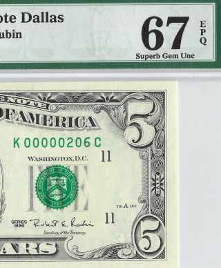 1995 $5 Dallas Frn,  Pmg Gem Uncirculated 67 Epq Banknote,  Low S/n 206