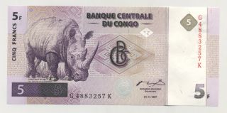 Congo Dem.  Rep.  5 Francs 1 - 11 - 1997 Pick 86a Unc Uncirculated Banknote Hdm Rhino