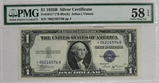 1935 B $1 Silver Certificate Star Note Fr.  1611 B Block Pmg Au58 Epq (532b)