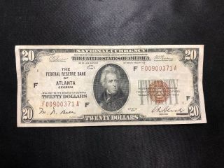 1929 $20 National Currency Note,  Federal Reserve Bank Of Atlanta Bill