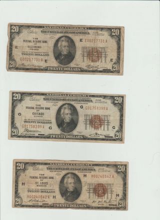 3 1929 Federal Reserve Bank 20 Dollar Bank Notes Low Serial Numbers On 2 Notes