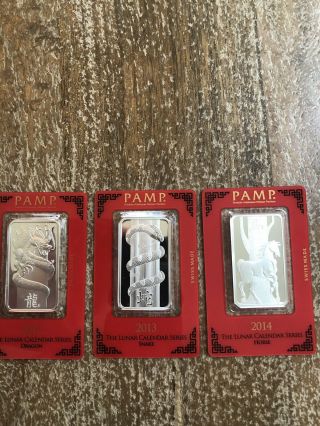 (3) Pamp Suisse 1 Oz.  999 Silver Bar In Assay Dragon Snake Horse