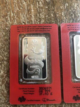 (3) PAMP Suisse 1 Oz.  999 Silver Bar in Assay Dragon Snake Horse 6