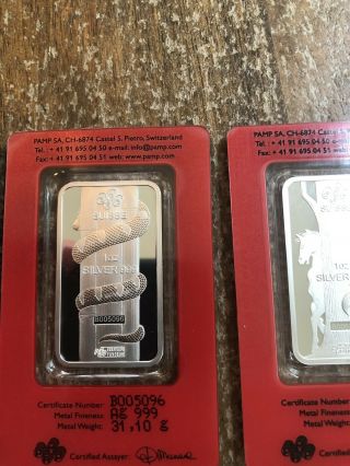 (3) PAMP Suisse 1 Oz.  999 Silver Bar in Assay Dragon Snake Horse 7