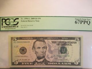2009 $5.  00 Fr 1994 - L Repeater Federal Reserve Note Pcgs 67ppq