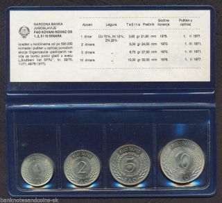 Yugoslavia Commemorative Fao Coin Set 1,  2,  5,  10 Dinara 1970 - 1976 In Folder Unc