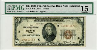 1929 Fr.  1870 - E $20 U.  S.  (richmond,  Va) Federal Reserve Bank Note - Pmg Ch.  F 15