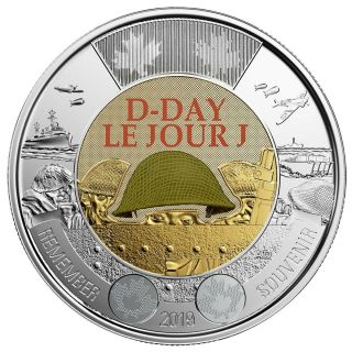 2019 Canada $2 D - Day Unc Coloured Toonie Coin From Special Wrap Roll