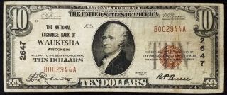 1929 $10.  00 National Currency,  The National Exchange Bank Of Waukesha,  Wi