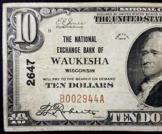 1929 $10.  00 National Currency,  The National Exchange Bank of Waukesha,  WI 2