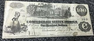 $100 1862 The Confederate States Of America,  " C " Note One Hundred Dollars