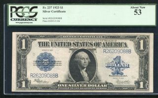 Fr.  237 1923 $1 One Dollar “horseblanket” Silver Certificate Pcgs About Unc - 53