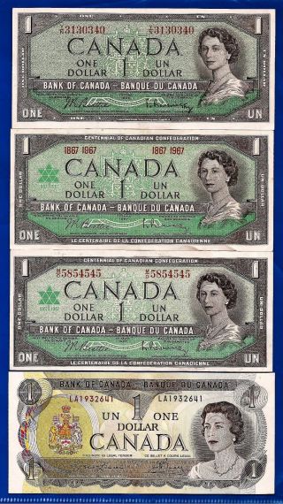 1954 1967,  1973 Canada 1 One Dollar Bills Notes Crisp Unc