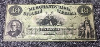 1857 Merchants Bank Of South Carolina $10 Serial No.  194 Pp B,  Vignettes