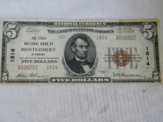 1929 $5 The First National Bank Of Montgomery Alabama Low A006202